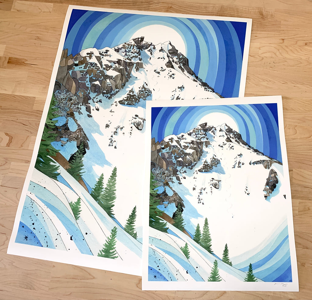 Prints of a watercolor, gouache and ink painting of Palmyra Peak in Telluride, CO with a skier descending down the peak, trees in the foreground, and a vibrant undulating blue sky in the background. 